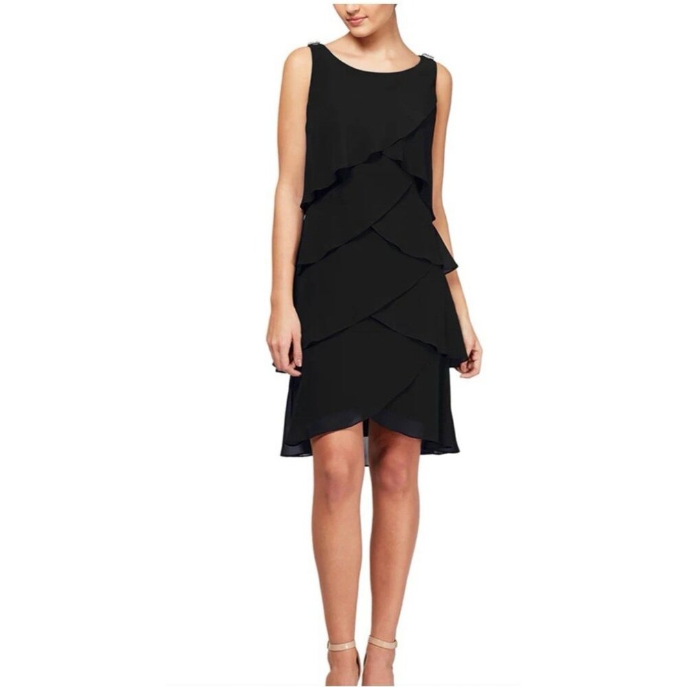 SLNY Party Dress Women’s 14W Black Crystal Ruffled Tier Semi-Formal Flowy NEW